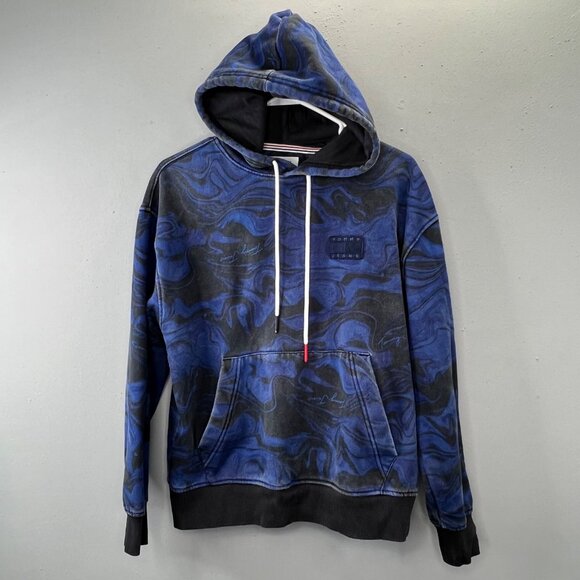 Vintage Tommy Hilfiger Jeans Hoodie Pullover S Blue Wave Tie Dye 90s Y2K Skater - Picture 1 of 8